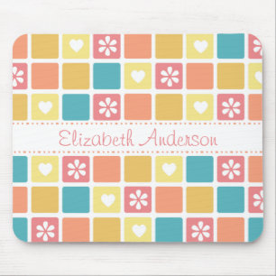 Girly Heart Square Pattern Retro Daisy Flowers Mouse Mat