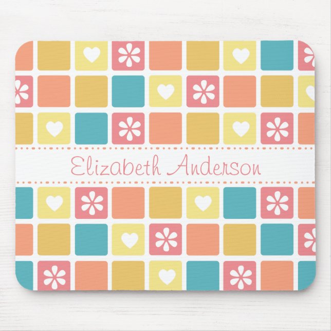 Girly Heart Square Pattern Retro Daisy Flowers Mouse Mat (Front)