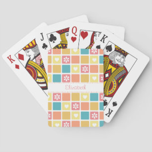 Girly Heart Square Pattern Retro Daisy Flowers Playing Cards