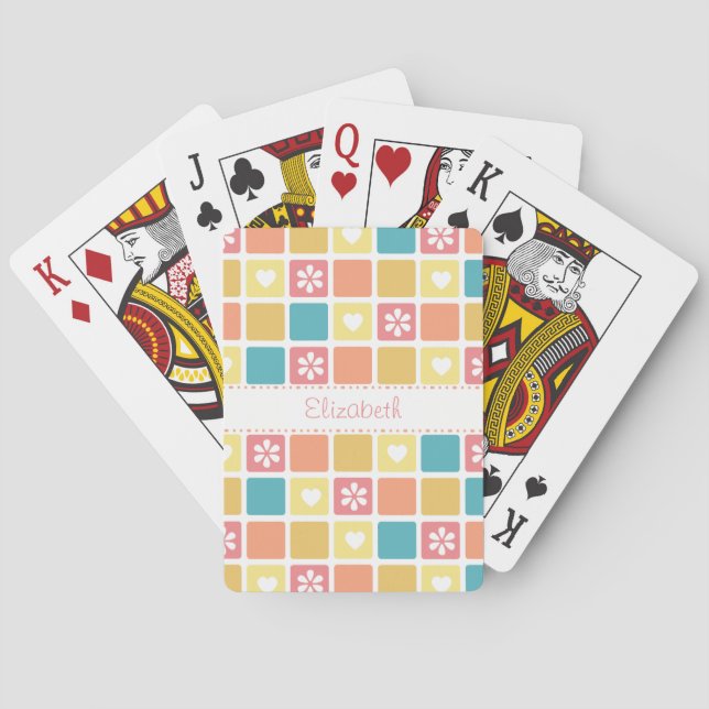 Girly Heart Square Pattern Retro Daisy Flowers Playing Cards (Back)