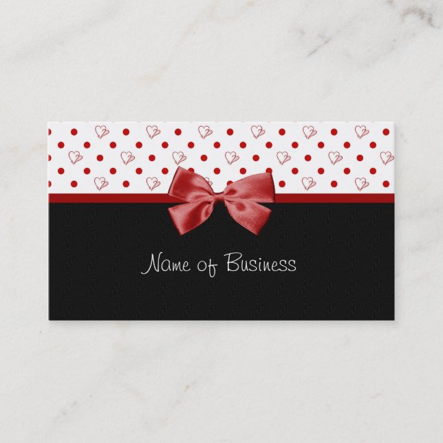 Girly Hearts and Polka Dots Red Ribbon Business Card (Front)