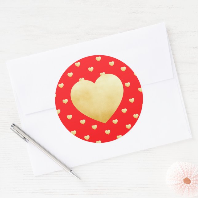 Girly Hearts Gold Faux Foil Red Pattern Classic Round Sticker (Envelope)