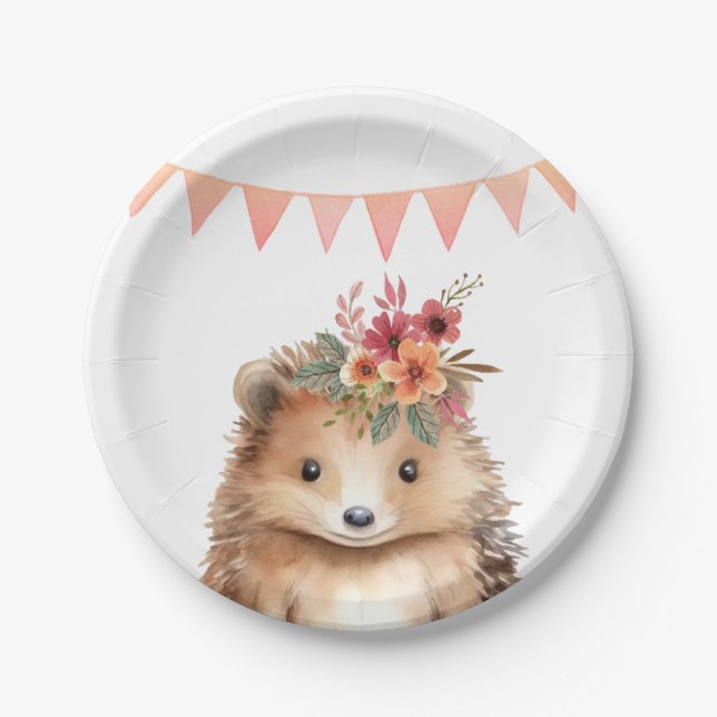 Girly hedgehog, kids birthday  paper plate (Front)