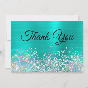 Girly Holo Glitter Turquoise Foil Thank You Card