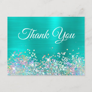 Girly Holo Glitter Turquoise Foil Thank You Postcard