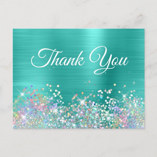 Girly Holo Glitter Turquoise Foil Thank You Postcard (Front)