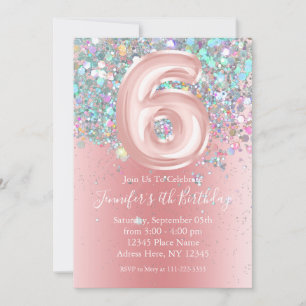 Girly Holographic Glitter 6th Pink Birthday  Invitation