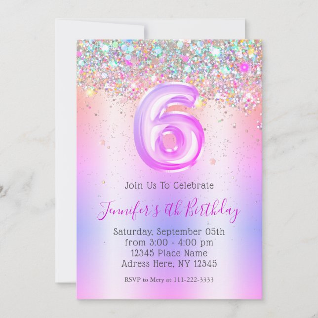 Girly Holographic Glitter 6th Purple Birthday  Invitation (Front)