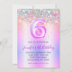 Girly Holographic Glitter 6th Purple Birthday Invitation