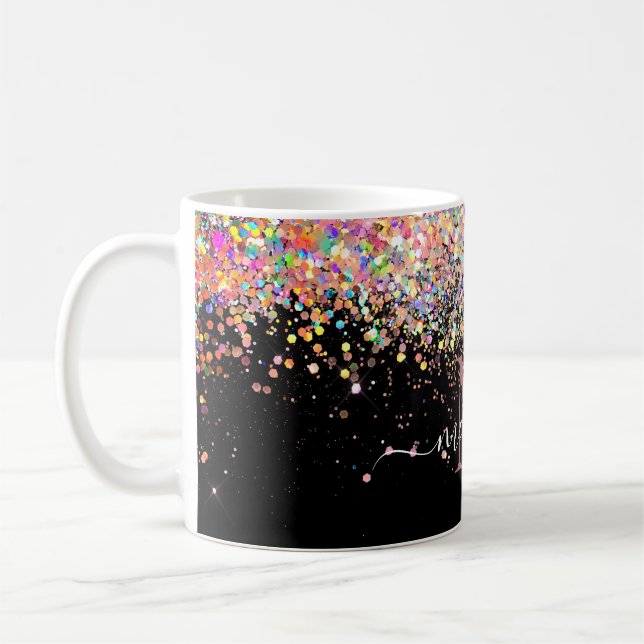 Girly Holographic Glitter & Sparkle Monogram Black Coffee Mug (Left)