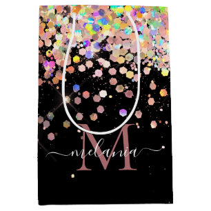 Girly Holographic Glitter & Sparkle Monogram Black Medium Gift Bag
