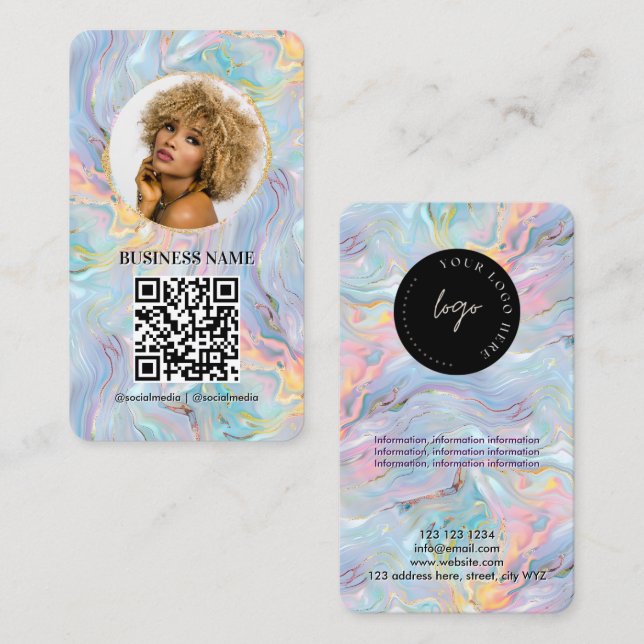 Girly Holographic Marble Swirl QR Code Logo Business Card (Front/Back)