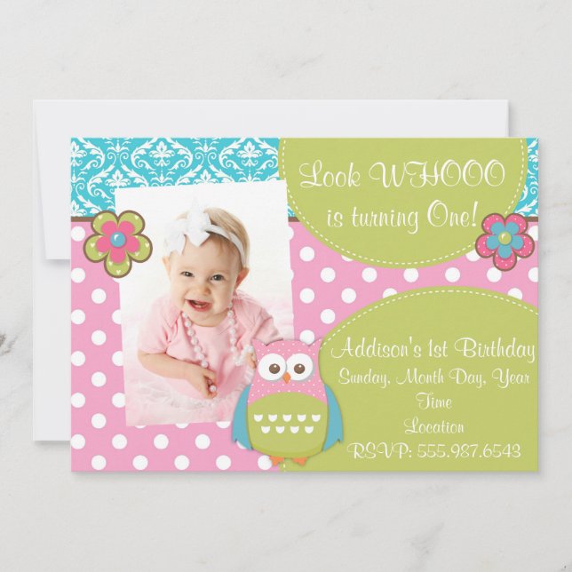 Girly Hoot Owl Design Birthday Invitation (Front)