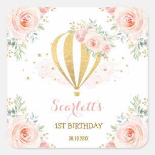 Girly Hot Air Balloon Blush Pink Floral Birthday Square Sticker