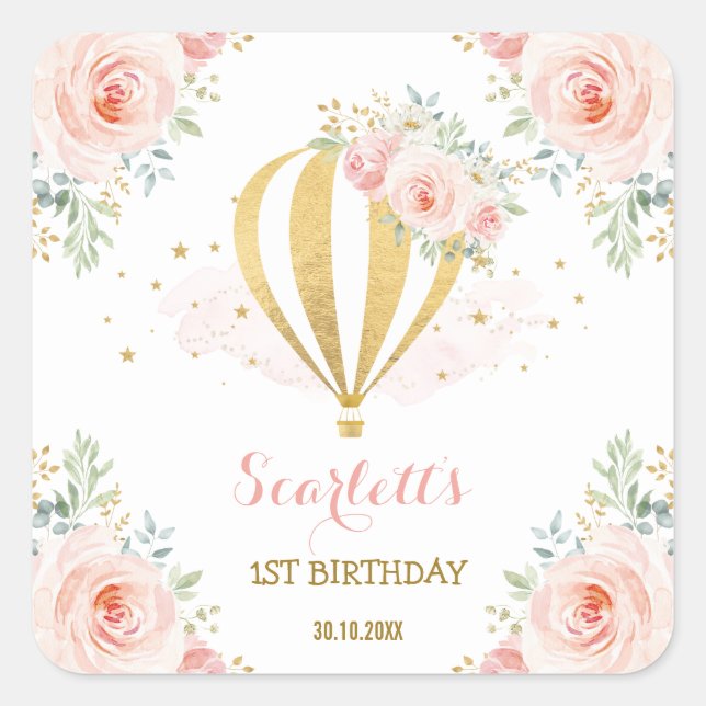 Girly Hot Air Balloon Blush Pink Floral Birthday Square Sticker (Front)