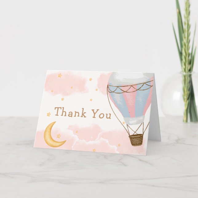 Girly Hot Air Balloon Moon Star Baby Shower Thank You Card (Front)