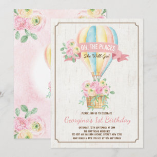 Girly Hot Air Balloon Pink Floral Girl Birthday Invitation