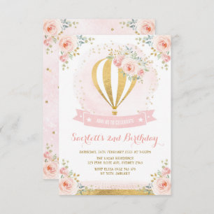 Girly Hot Air Balloon Pink Gold Floral Birthday Invitation