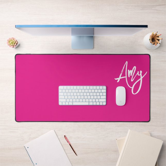 Girly Hot Pink and White Brush Script Name Desk Mat (Office 1)