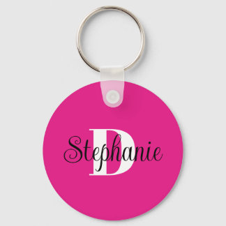 Girly Hot Pink Black and White Modern Monogram Key Ring