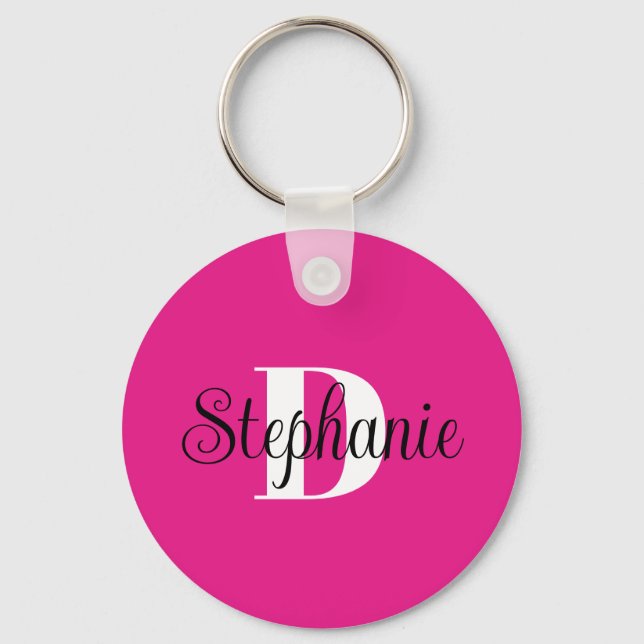Girly Hot Pink Black and White Modern Monogram Key Ring (Front)
