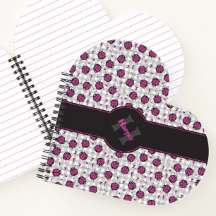 Girly Hot Pink & Black Ladybugs Grey Gingham Heart Notebook