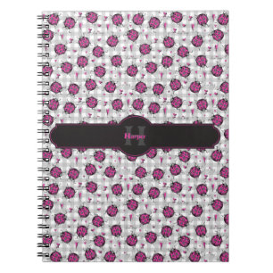 Girly Hot Pink & Black Ladybugs Grey Gingham Name  Notebook