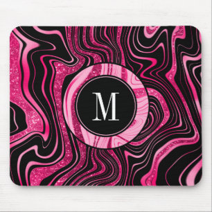 Girly Hot Pink Black Marble Glam Glitter Monogram Mouse Mat
