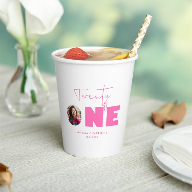 Girly Hot Pink Bold Typography 21st Birthday Party Paper Cups (Insitu)