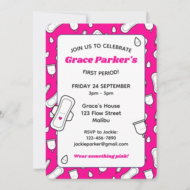 Girly Hot Pink Cartoon Pad First Period Party Invitation (Front)