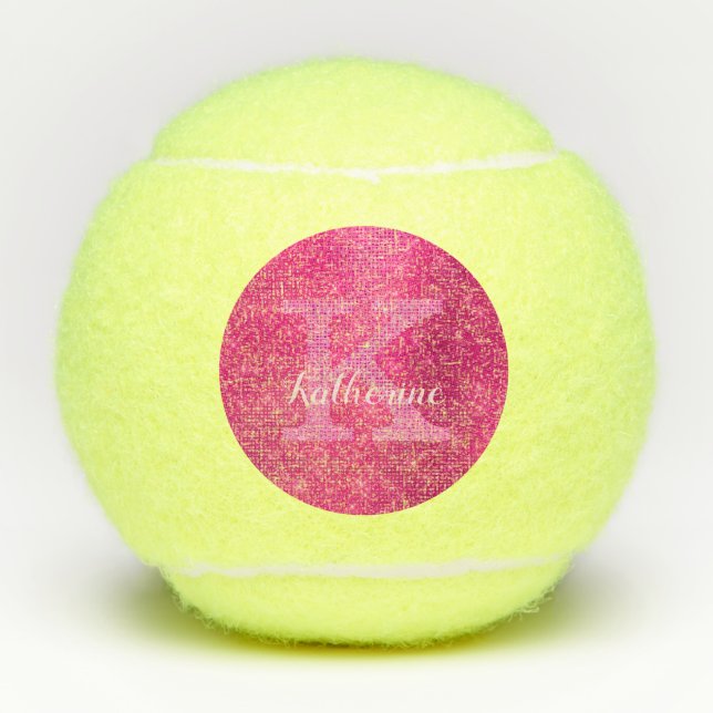 Girly Hot Pink Cute Diamond Sparkle Monogram Name Tennis Balls (Front)
