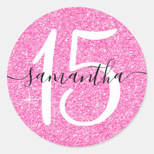 Girly Hot Pink Faux Glitter Personalised 15 Classic Round Sticker