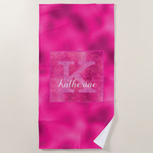 Girly Hot Pink Foil Diamond Sparkle Monogram Name Beach Towel