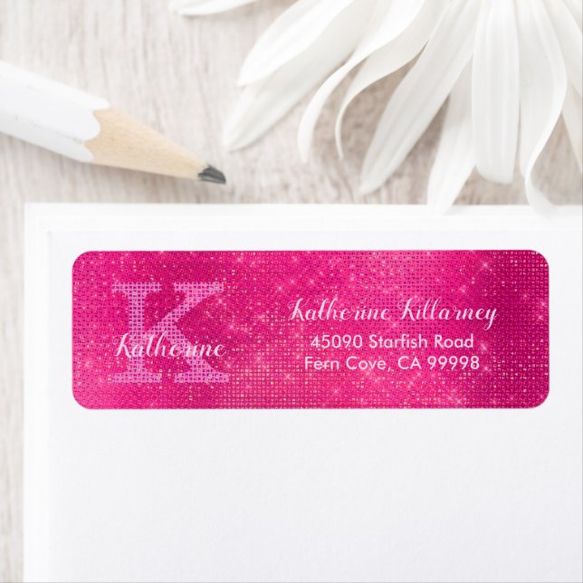 Girly Hot Pink Fun Glitter Monogram Return Address (Insitu)