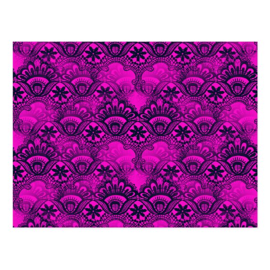 Girly Hot Pink Fuschia Navy Blue Damask Lace Postcard