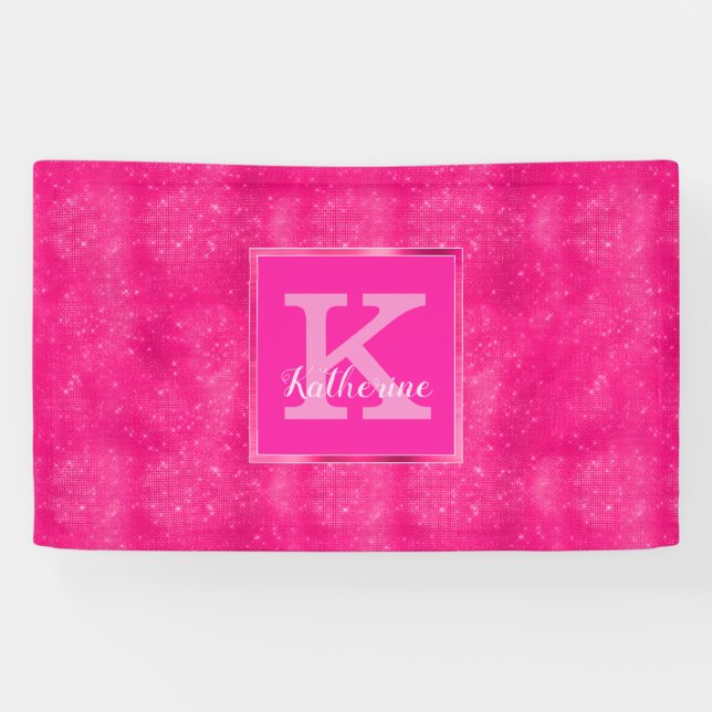Girly Hot Pink Glam Diamond Sparkle Monogram Name Banner (Horizontal)