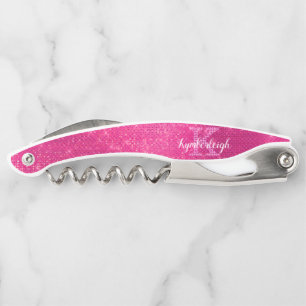 Girly Hot Pink Glam Diamond Sparkle Monogram Name Corkscrew