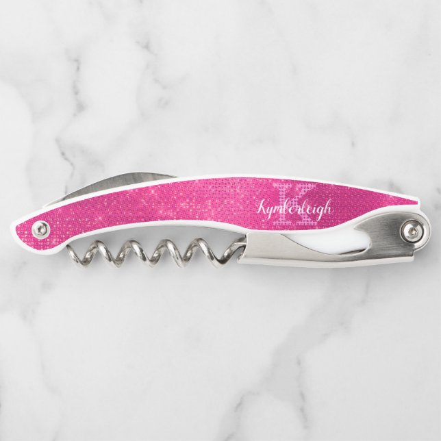 Girly Hot Pink Glam Diamond Sparkle Monogram Name Corkscrew (Back)