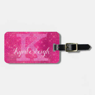 Girly Hot Pink Glam Diamond Sparkle Monogram Name Luggage Tag
