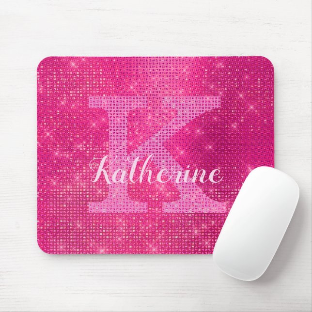 Girly Hot Pink Glam Diamond Sparkle Monogram Name Mouse Mat (With Mouse)