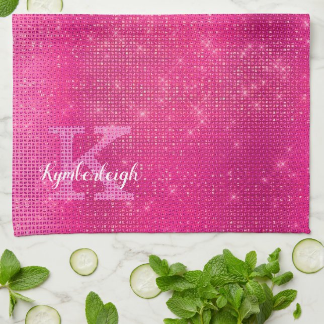 Girly Hot Pink Glam Diamond Sparkle Monogram Name Tea Towel (Folded)