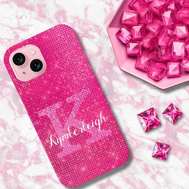 Girly Hot Pink Glam Glitter Sparkle Monogram Name Case-Mate iPhone Case (Creator Uploaded)