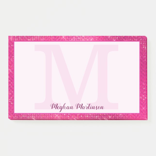 Girly Hot Pink Glam Sparkle Monogram Name Large Post-it Notes (Front)