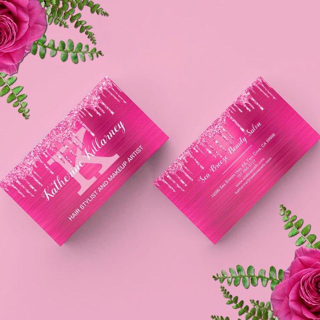 Girly Hot Pink Glitter Drips Glam Chic Monogram Business Card (Creator Uploaded)