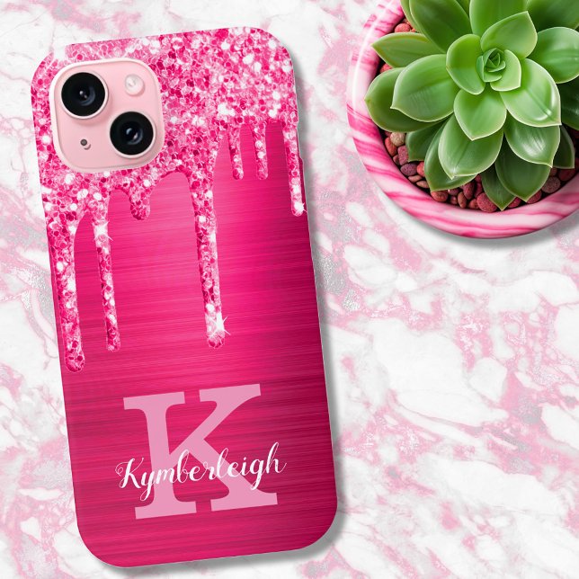 Girly Hot Pink Glitter Drips Glam Monogram Name Case-Mate iPhone Case (Creator Uploaded)