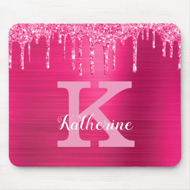 Girly Hot Pink Glitter Drips Glam Monogram Name Mouse Mat (Front)