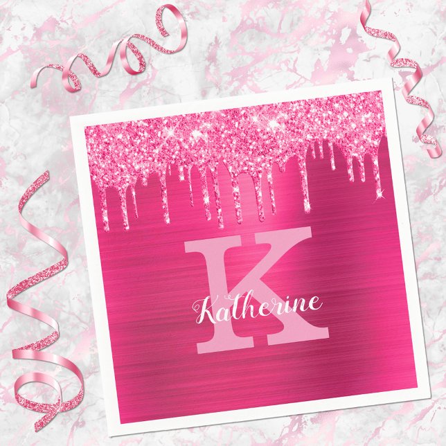 Girly Hot Pink Glitter Drips Glam Monogram Name Napkin (Creator Uploaded)