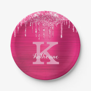Girly Hot Pink Glitter Drips Glam Monogram Name Paper Plate