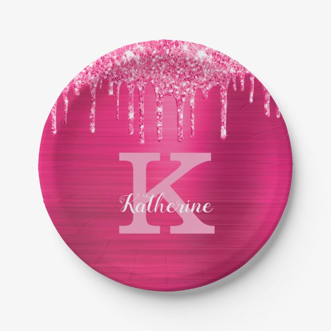 Girly Hot Pink Glitter Drips Glam Monogram Name Paper Plate (Front)