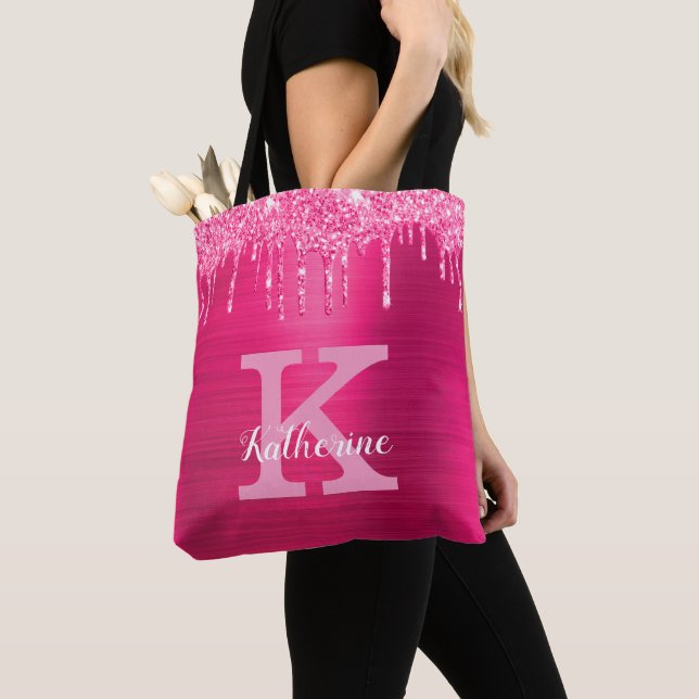 Girly Hot Pink Glitter Drips Glam Monogram Name  Tote Bag (Close Up)